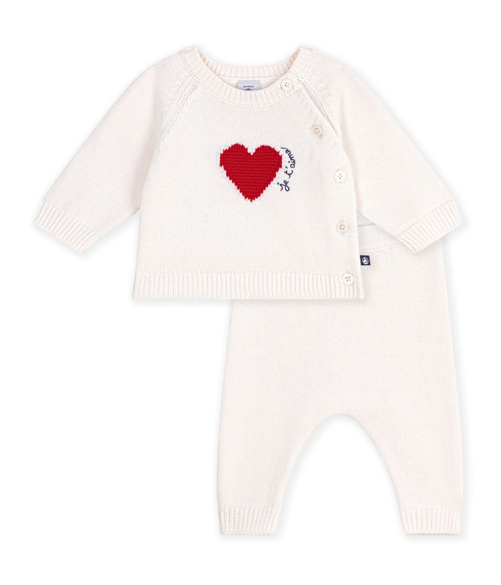 Petit Bateau - 2pc-Set - Baby's Heart Pattern Knit Cardigan & Trousers - Marshmallow/Pompei