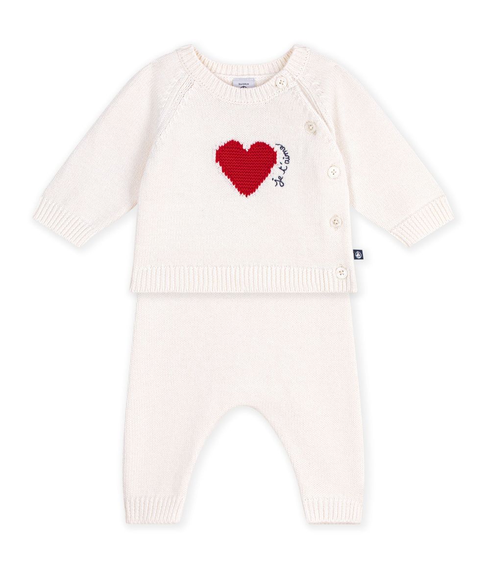 Petit Bateau - 2pc-Set - Baby's Heart Pattern Knit Cardigan & Trousers - Marshmallow/Pompei