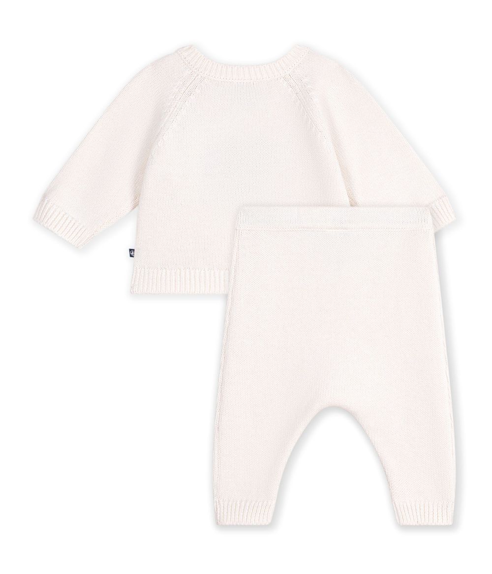 Petit Bateau - 2pc-Set - Baby's Heart Pattern Knit Cardigan & Trousers - Marshmallow/Pompei