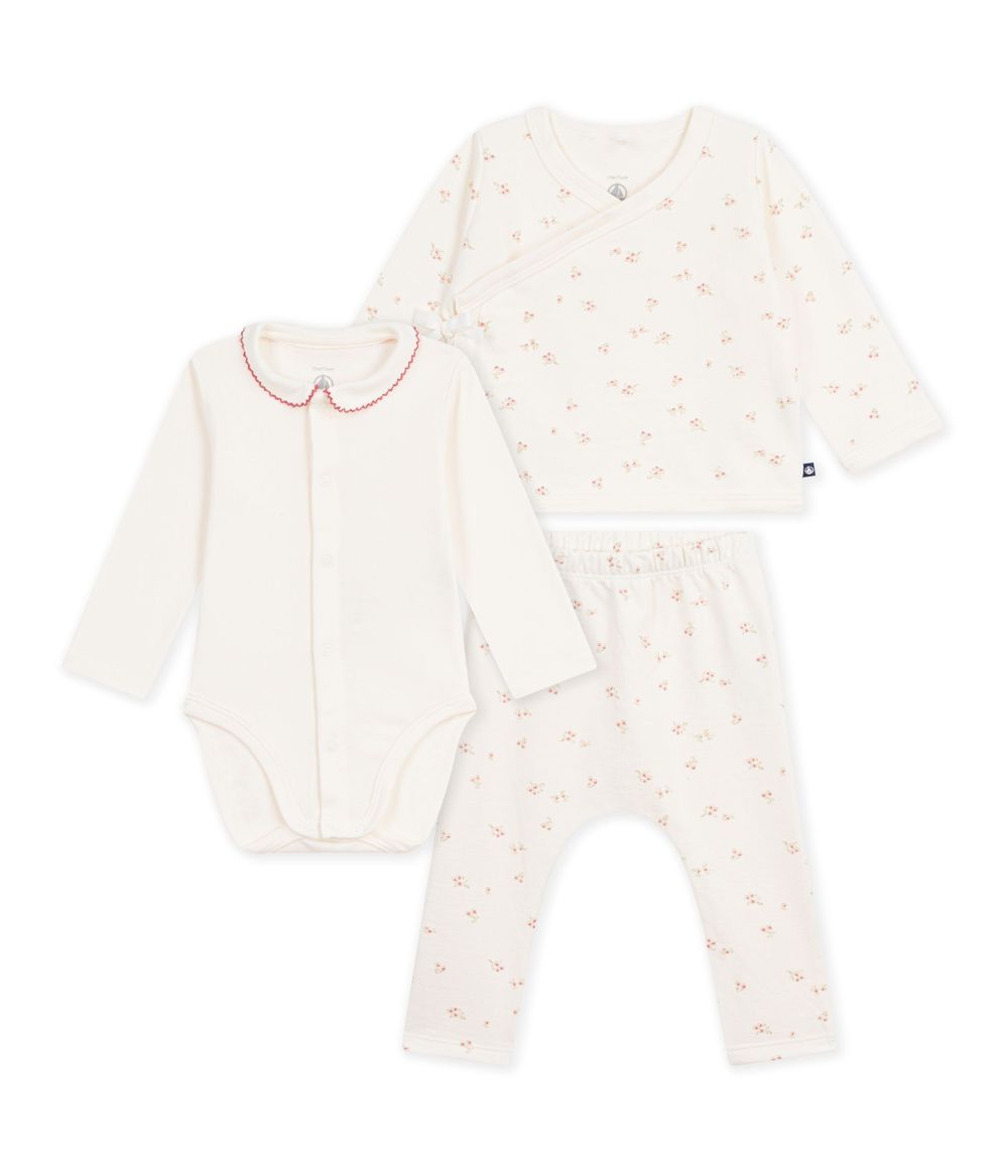 Petit Bateau - 3pc-Set - Baby Girl Bodysuit With Wrap Top &  Pant Set - Milk