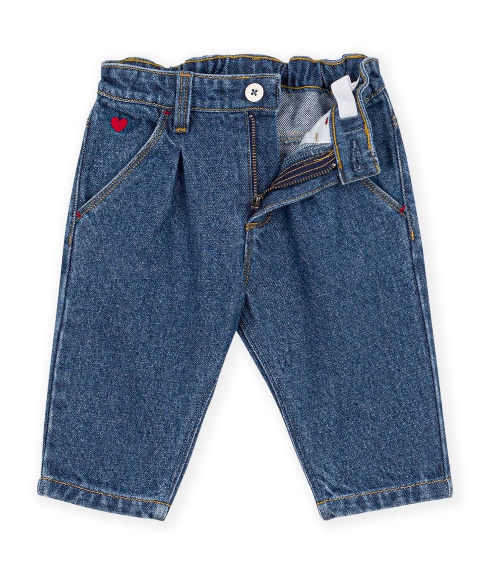 Petit Bateau - Heart Embroidery Plain Denim Trouser - Denim Moyen