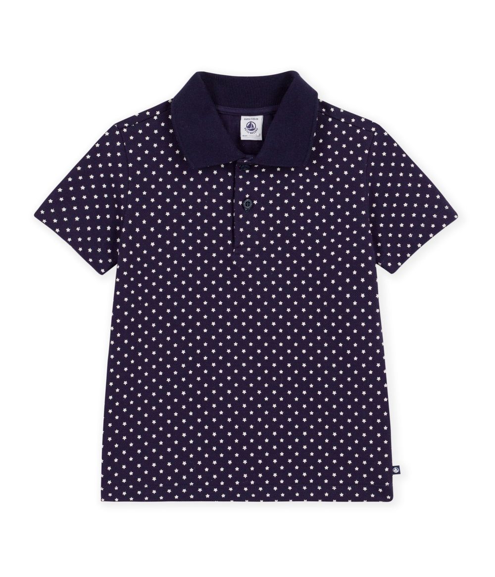 Petit Bateau - Short Sleeves Star Printed Cotton Polo Shirt - Soir/Marshmallow