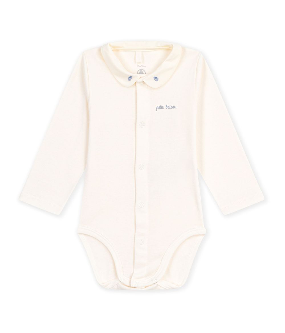 Petit Bateau - Embroidered Collar Long Sleeves Plain Cotton Bodysuit - Milk