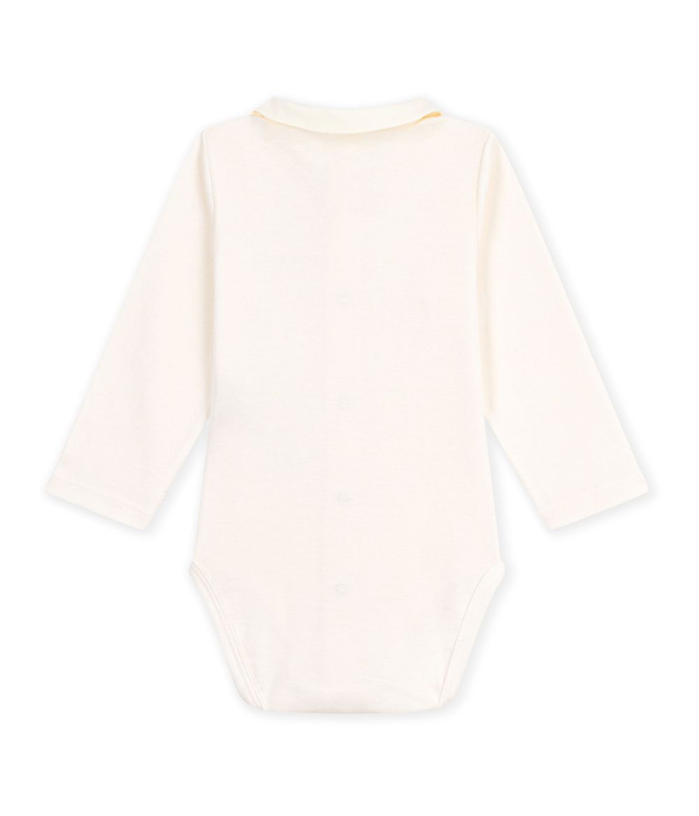 Petit Bateau - Embroidered Collar Long Sleeves Plain Cotton Bodysuit - Milk