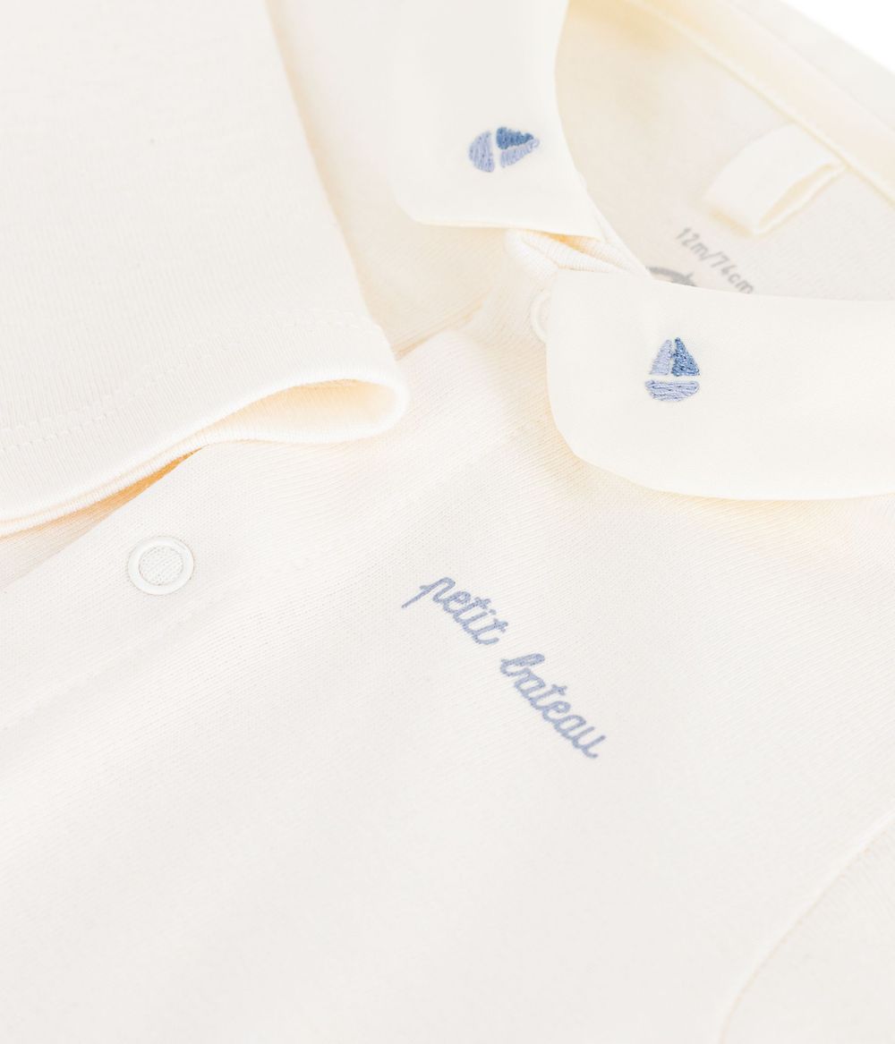 Petit Bateau - Embroidered Collar Long Sleeves Plain Cotton Bodysuit - Milk