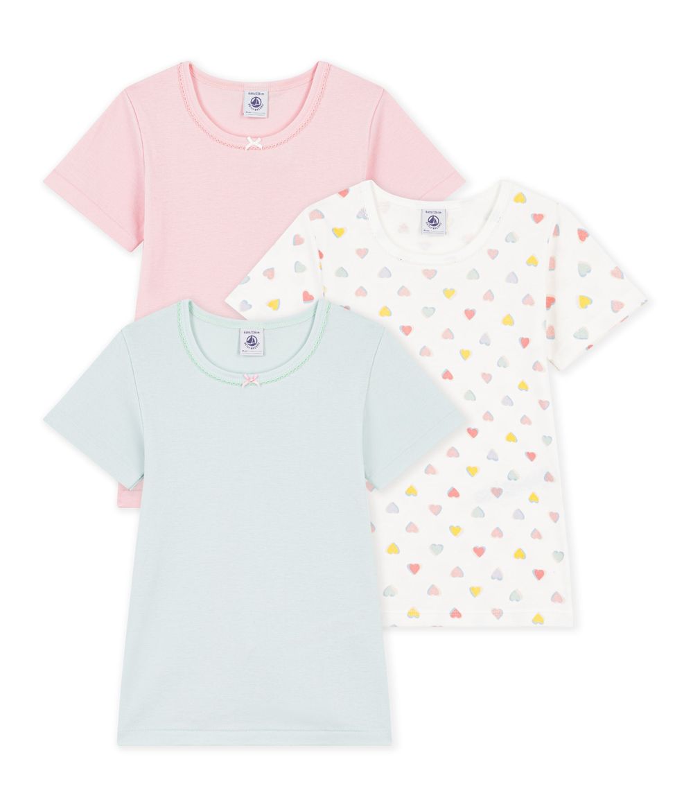Petit Bateau - 3pc-Set - Girls Plain & Heart Print Cotton T-shirts - Multicolor