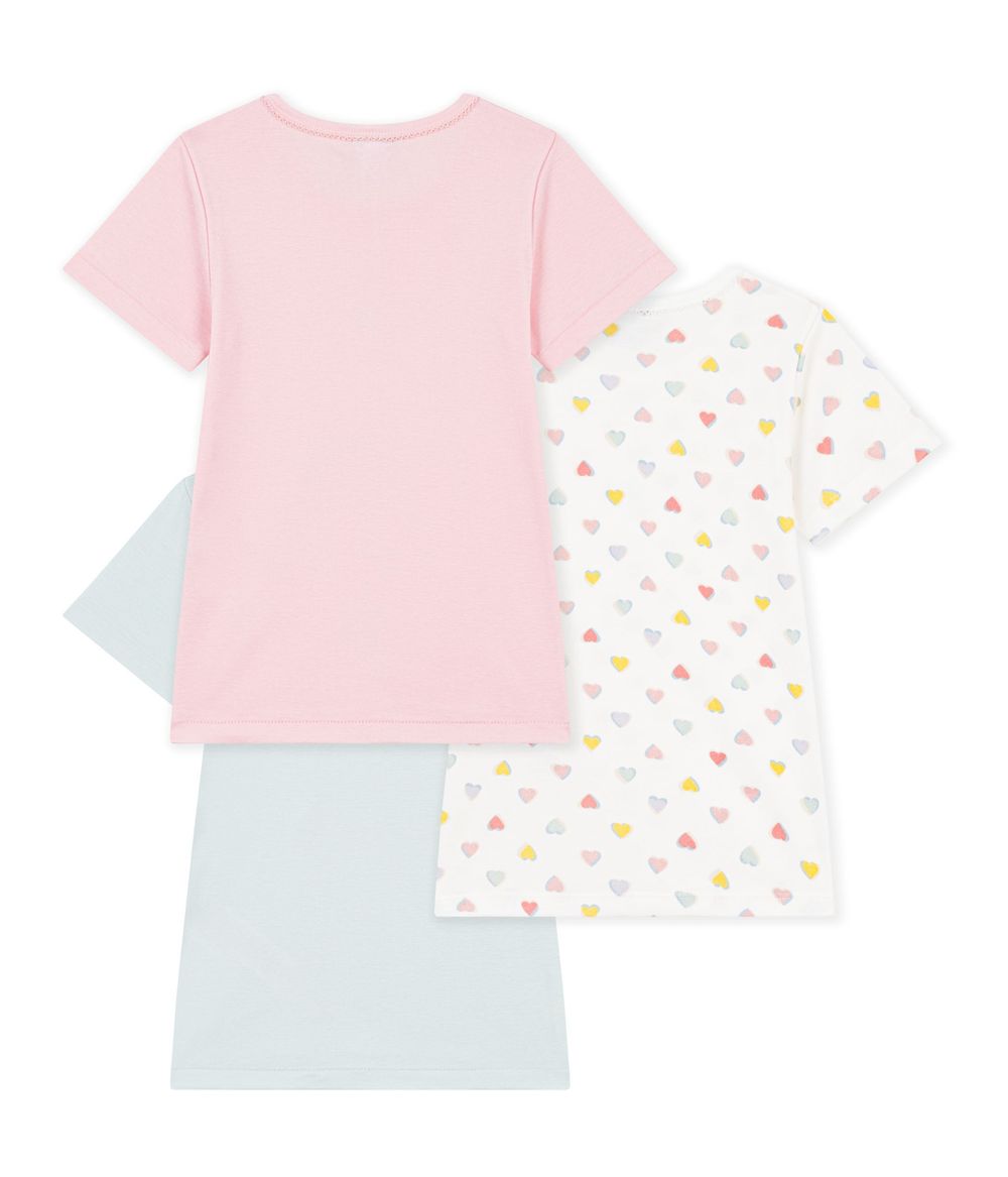 Petit Bateau - 3pc-Set - Girls Plain & Heart Print Cotton T-shirts - Multicolor