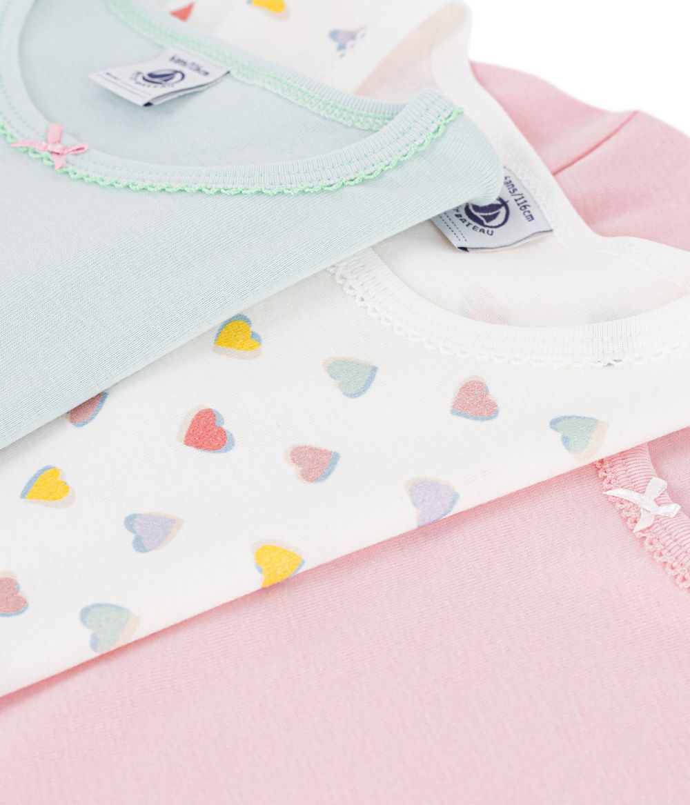 Petit Bateau - 3pc-Set - Girls Plain & Heart Print Cotton T-shirts - Multicolor