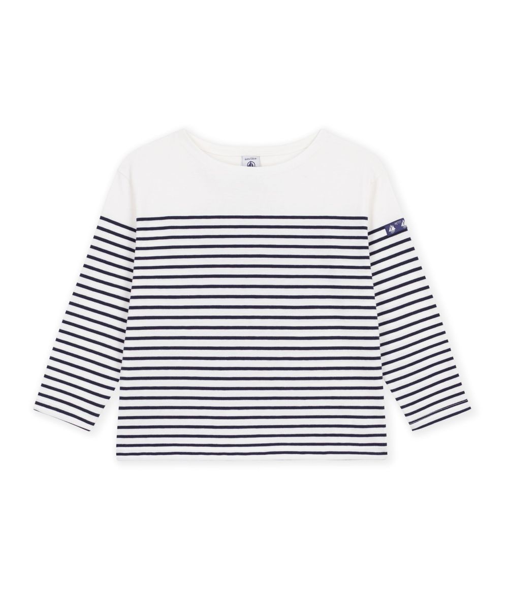 Petit Bateau - Girl's Cotton Breton Top - Marshmallow/Smoking Blue