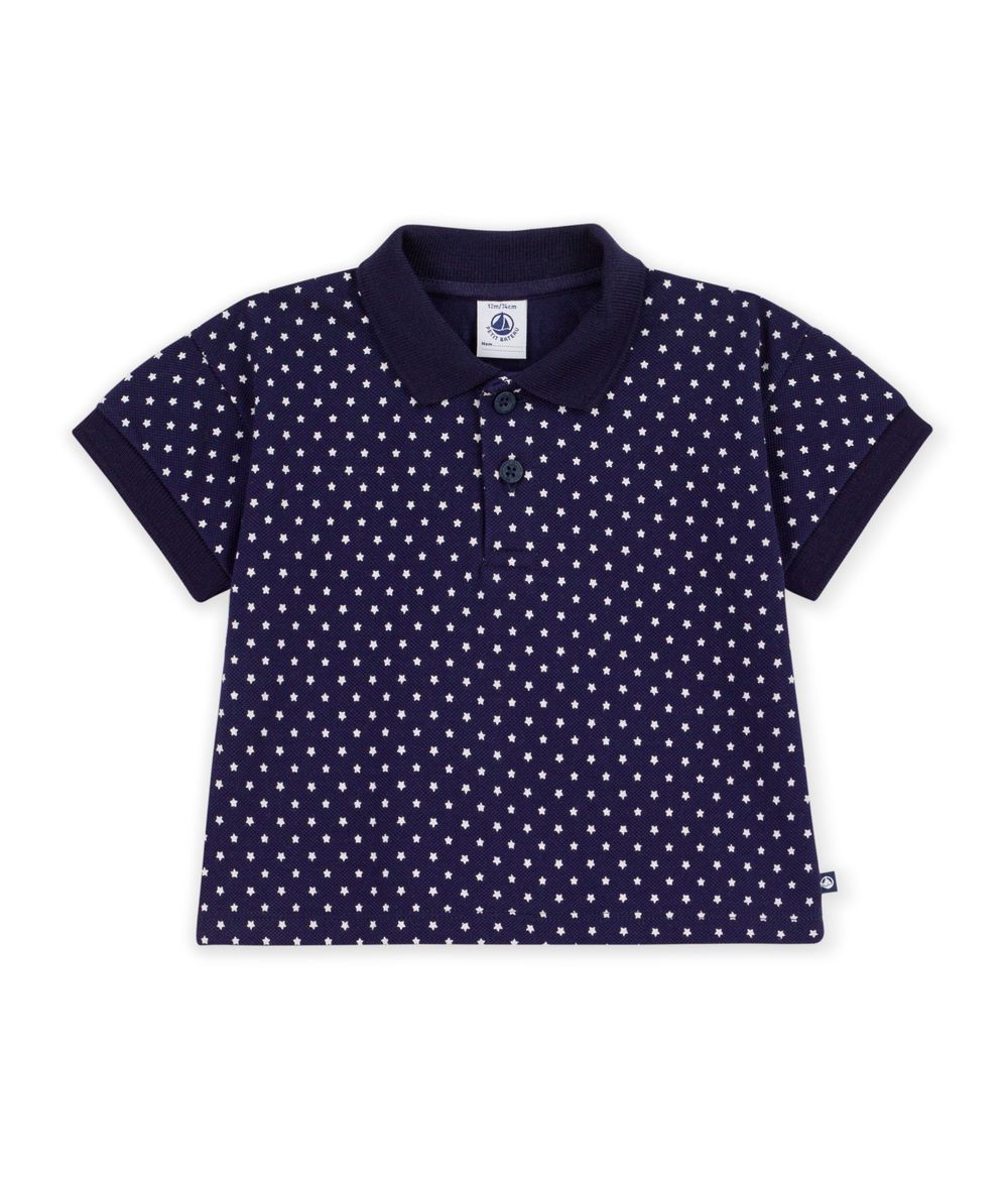Petit Bateau - Short Sleeves Cotton Polo Shirt Stars Printed - Soir/Marshmallow