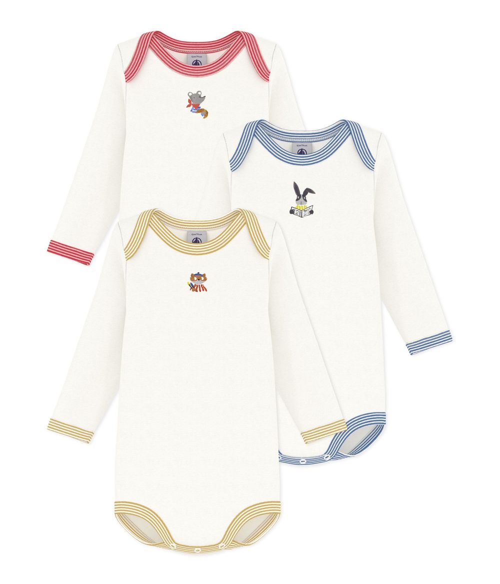 Petit Bateau - 3-pc-Set - Plain Cotton Long-Sleeved Bodysuit - Multicolor