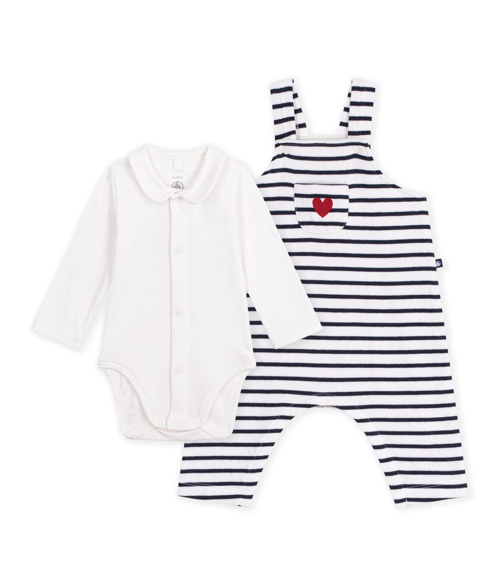 Petit Bateau - 2pc-Set - Baby's Striped Dungaree & Collared Bodysuit - Marshmallow/Smoking Blue