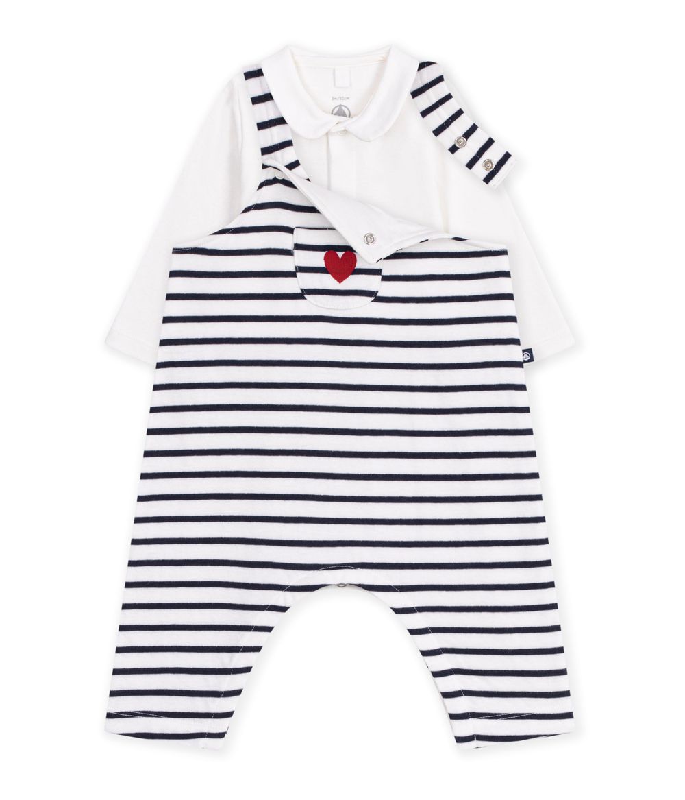 Petit Bateau - 2pc-Set - Baby's Striped Dungaree & Collared Bodysuit - Marshmallow/Smoking Blue