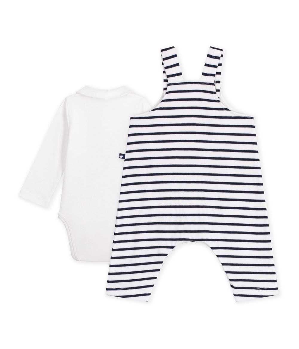 Petit Bateau - 2pc-Set - Baby's Striped Dungaree & Collared Bodysuit - Marshmallow/Smoking Blue