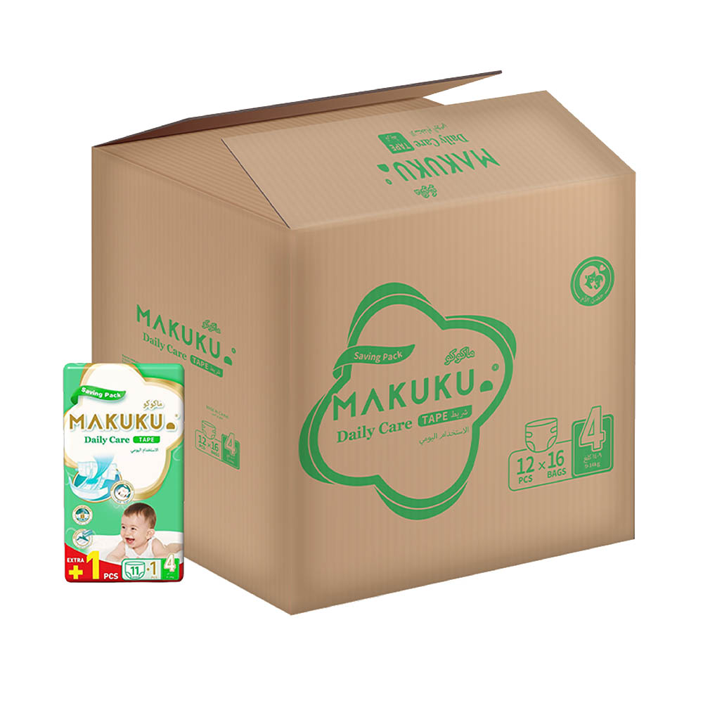 Makuku - Daily Care Tape Diapers - Savings Pack - Size 4 - 9-14 kg - Pack of 16 - 192 Count