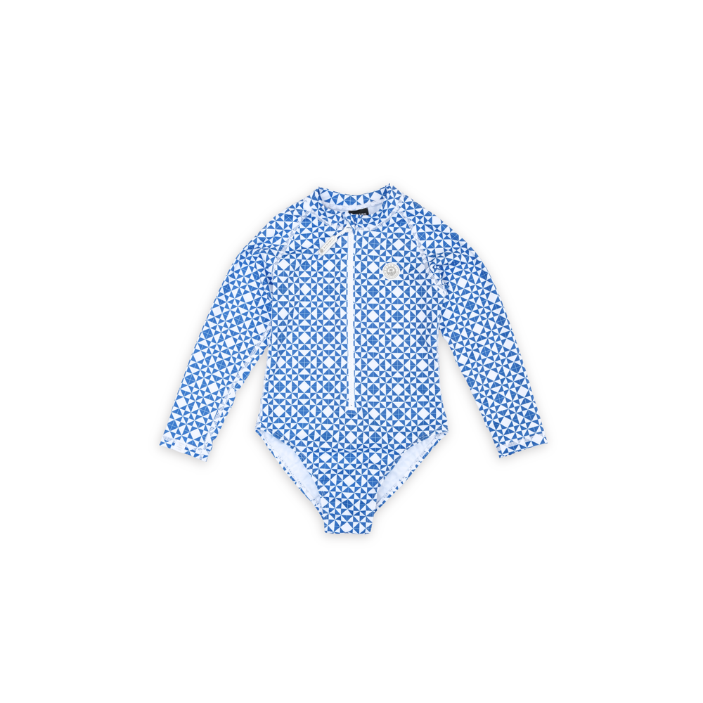 Badawii Beachwear Girl's Long Sleeves Swimsuit Mediterranean Tiles