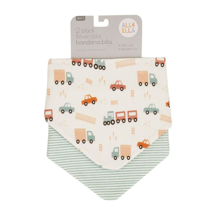 All4Ella - Reversible Bandana Bibs - Blue Trucks - 2 Pcs
