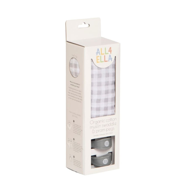 All4Ella - Muslin and 2 Pram Peg Gift Set - Gingham Grey