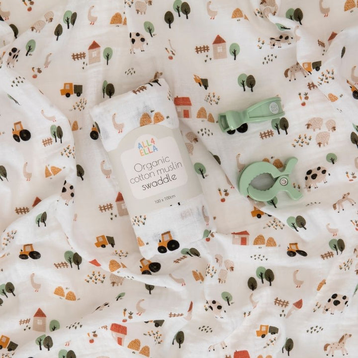 All4Ella - Muslin and 2 Pram Peg Gift Set - Country Farm