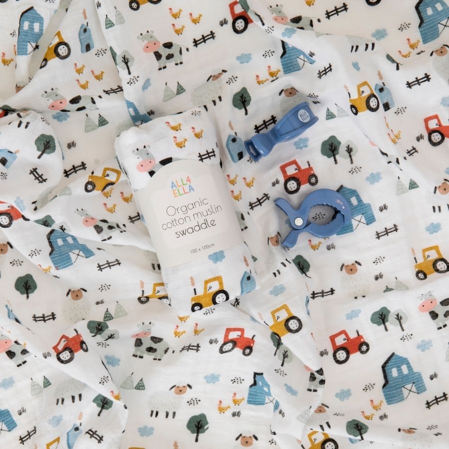 All4ella - Muslin and 2 Pram Peg Gift Set - Barnyard