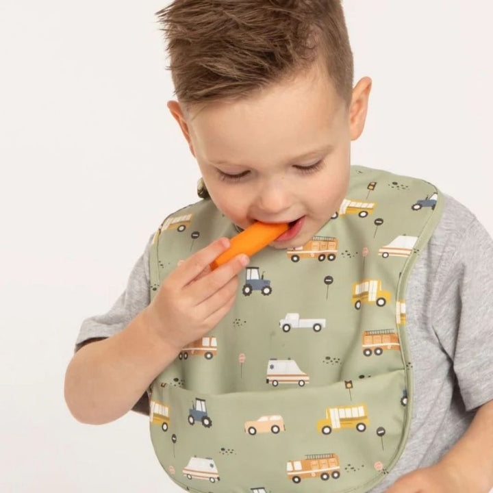 All4ella - Recycled Pouch Bib - Trucks - Sage