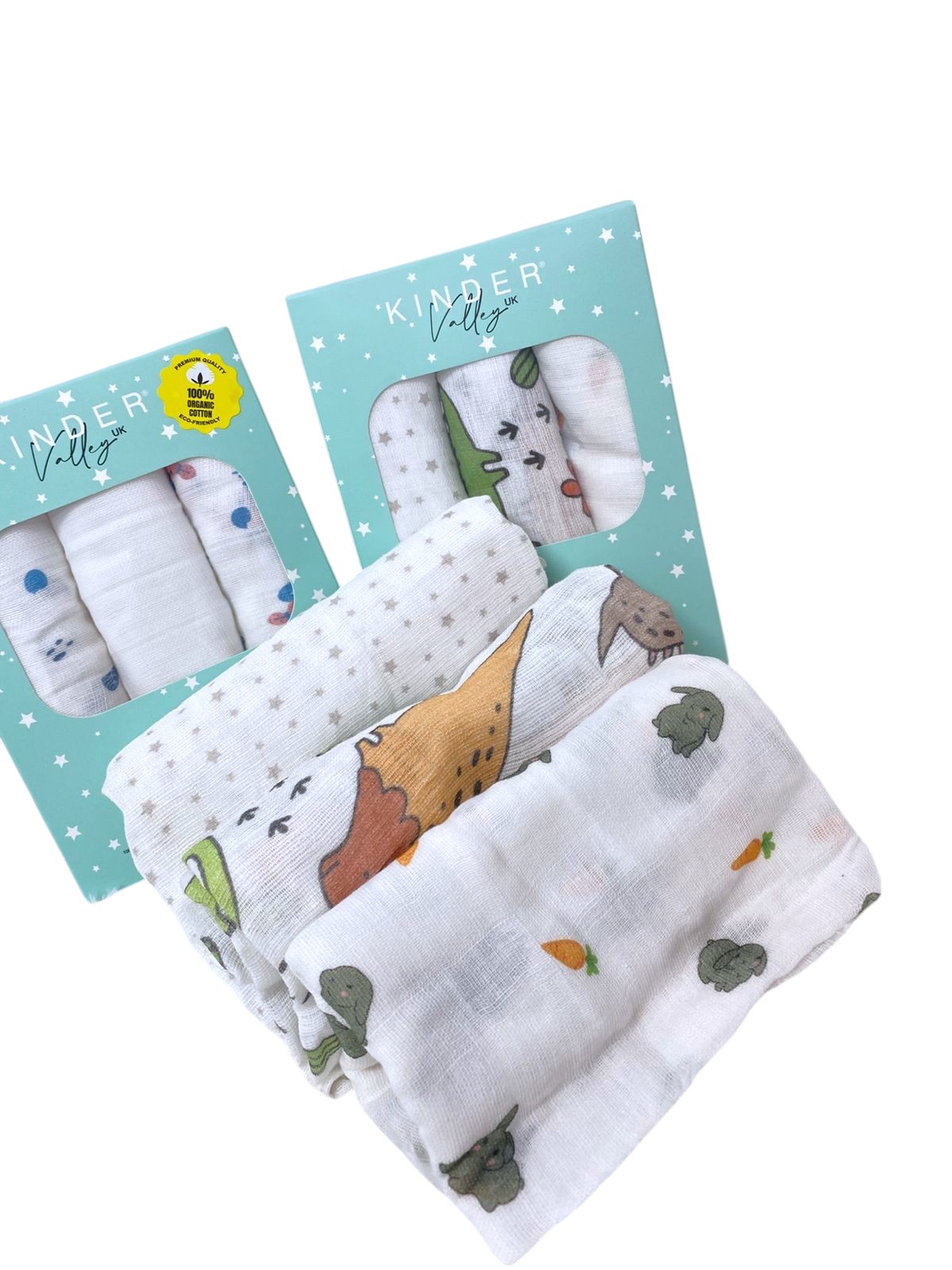 Kinder Valley - Muslin Blanket Set – Pack Of 3 - Bunny and Dino  and Star