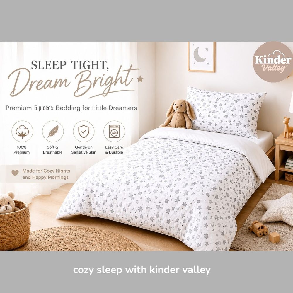Kinder Valley - Star Print Toddler Comforter Set - White/Silver - 5 Pcs