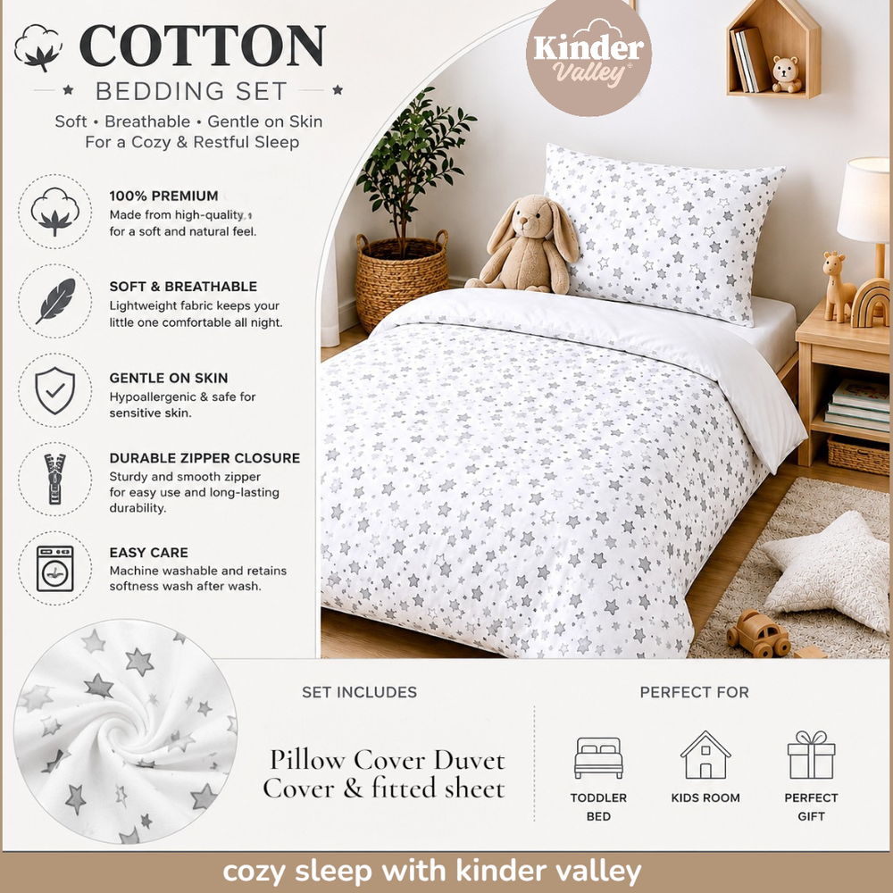 Kinder Valley - Stars Print Pillow Cover & Duvet Cover With Fitted Sheet Set - 3 Pcs