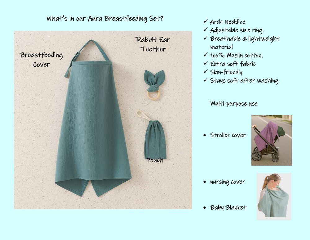 Kinder Valley - Aura Breastfeeding Cover Set With Rabbit Eat Cloth Teether - Multicolor