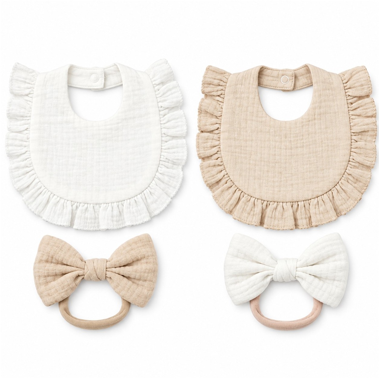 Kinder Valley - Little Ruffles Muslin Bib & Bow Set - Multicolor - 4 Pcs