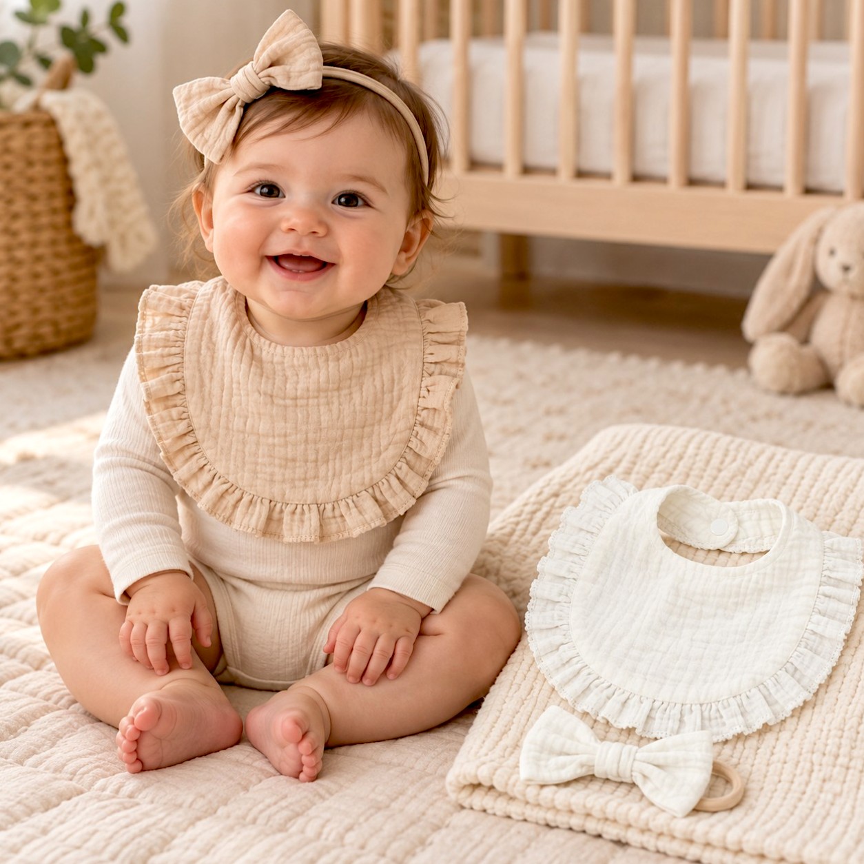 Kinder Valley - Little Ruffles Muslin Bib & Bow Set - Multicolor - 4 Pcs