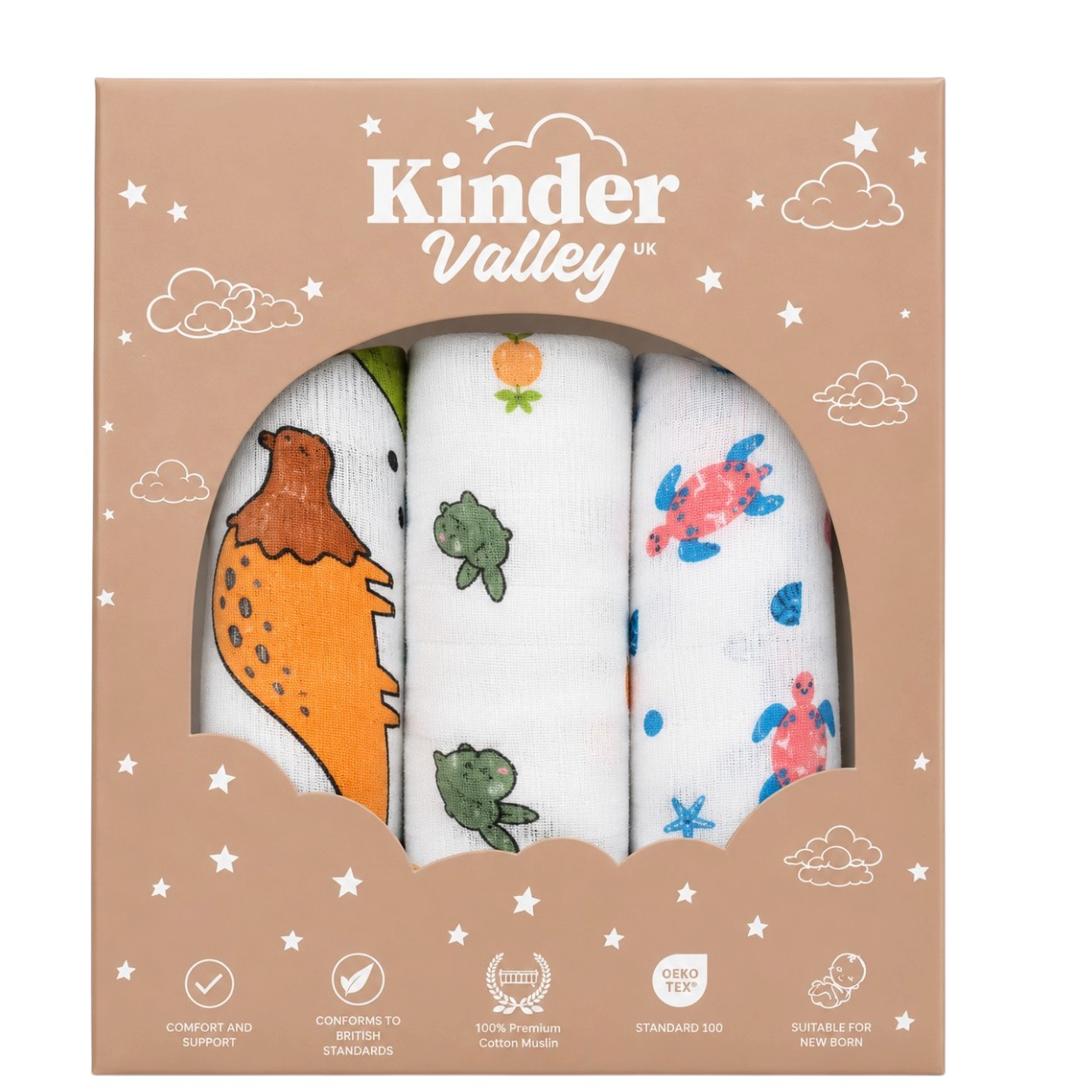 Kinder Valley - Rio Printed Muslin Cloth - White - 3 Pc Set