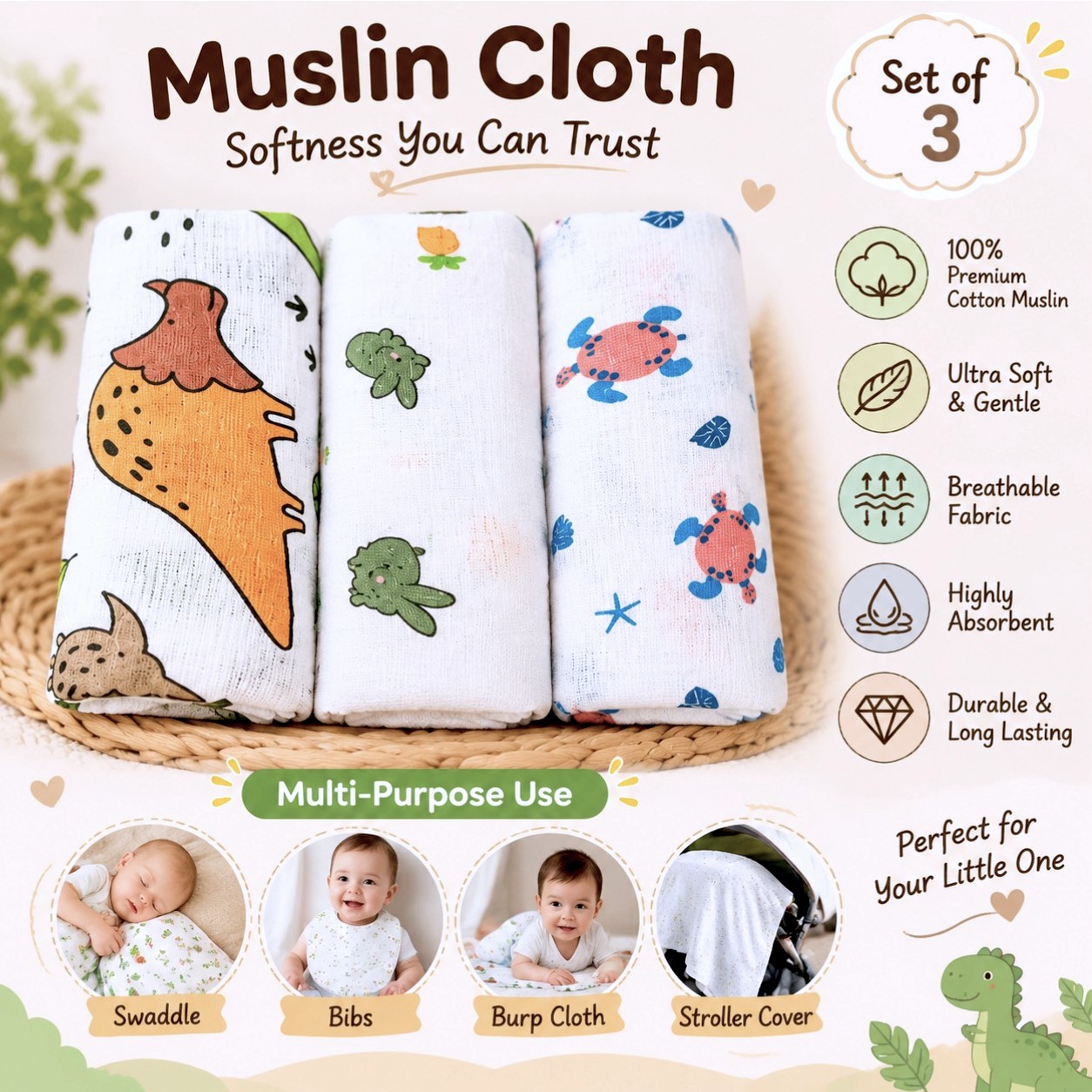 Kinder Valley - Rio Printed Muslin Cloth - White - 3 Pc Set