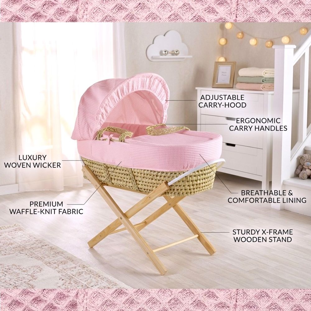 Kinder Valley - Waffle Moses Basket With Folding Stand - Blush