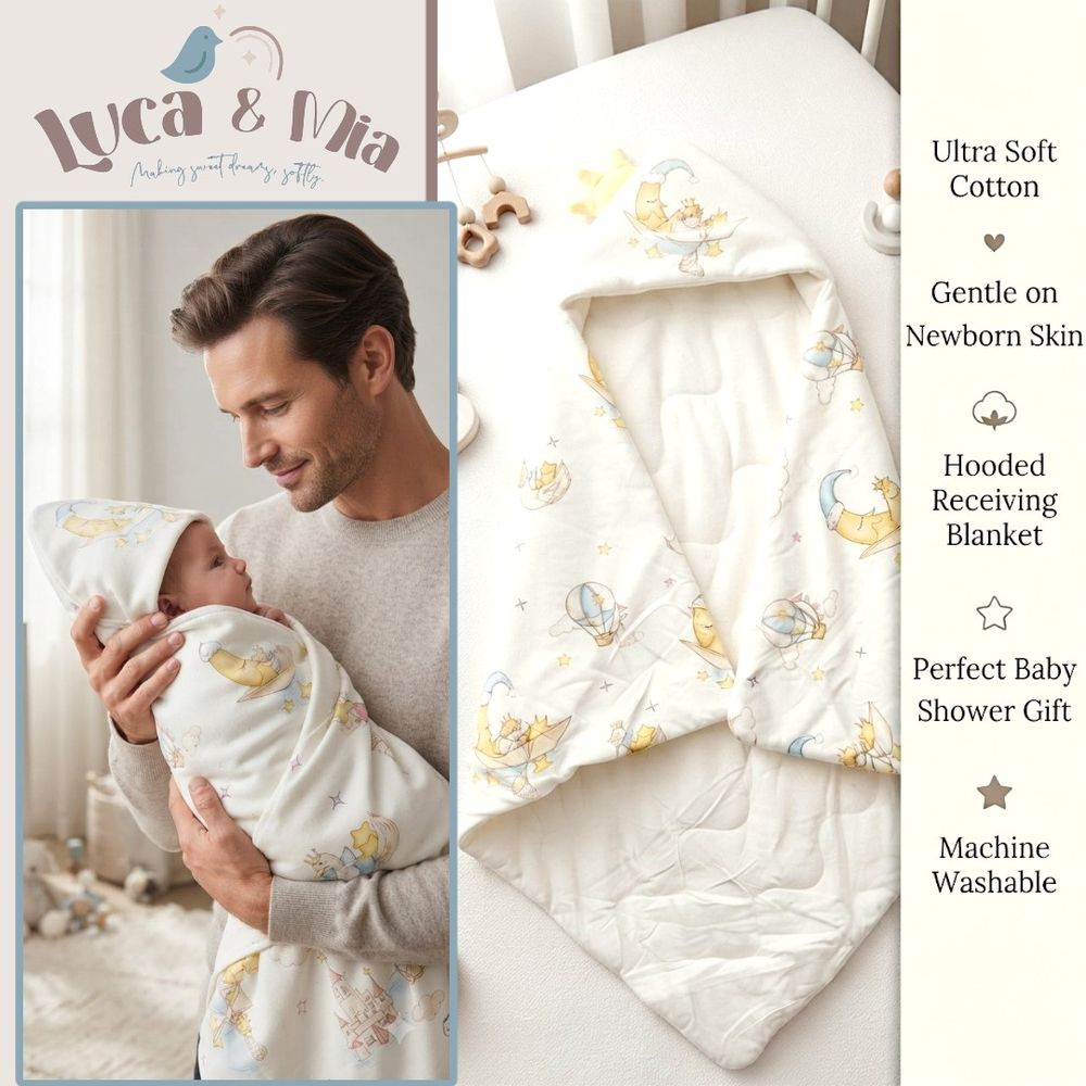 Luca & Mia - Moonlit Lullaby Hooded Receiving Blanket & Swaddle - Off White