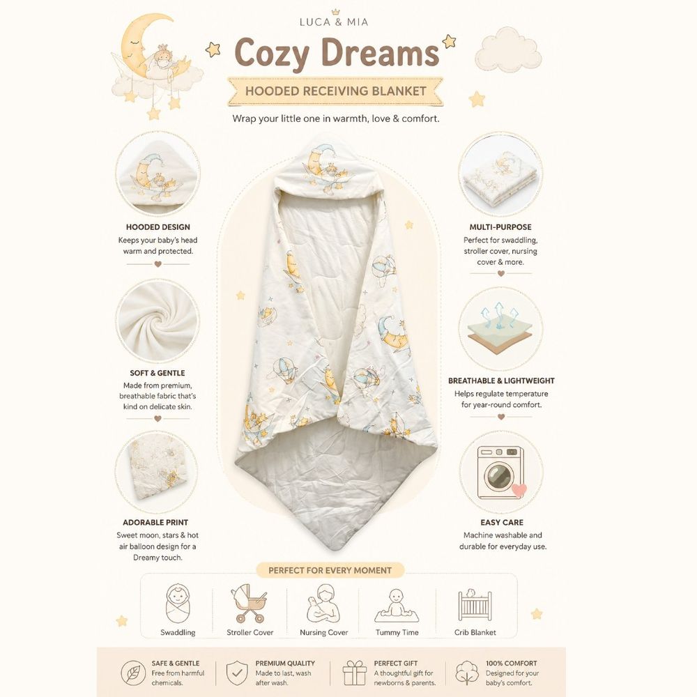 Luca & Mia - Moonlit Lullaby Hooded Receiving Blanket & Swaddle - Off White