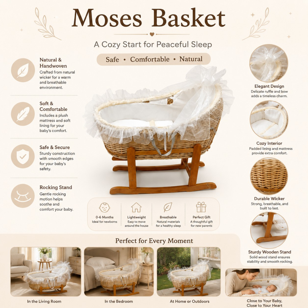 Luca & Mia - Bow Moses Basket With Rocking Stand - Beige