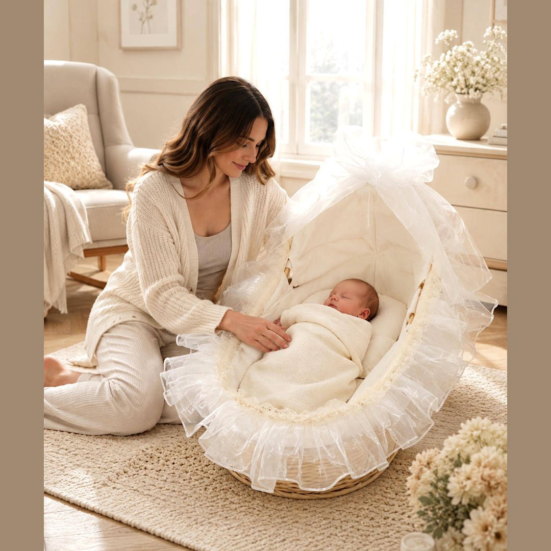 Luca & Mia - Bow Moses Basket With Rocking Stand - Beige