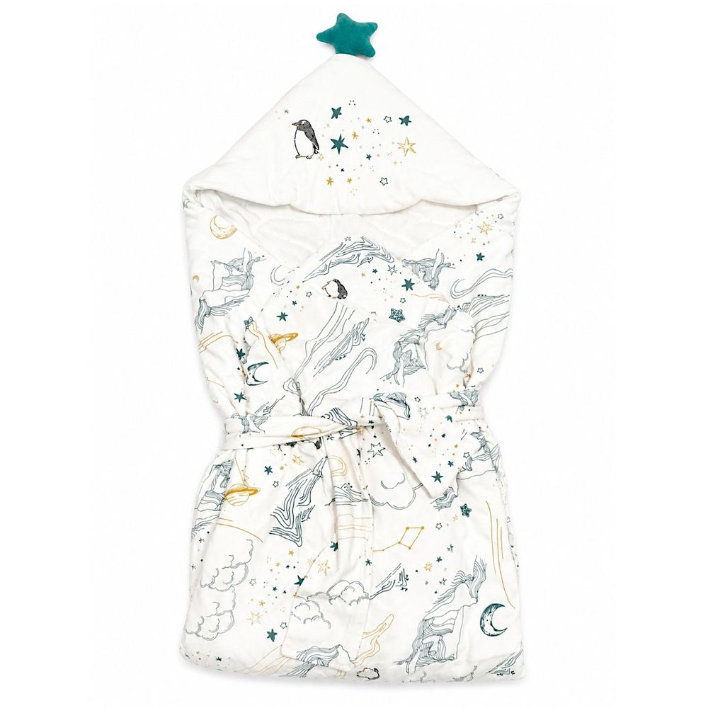 Luca & Mia - Stargaze Penguin Hooded Receiving Blanket & Swaddle - Off White