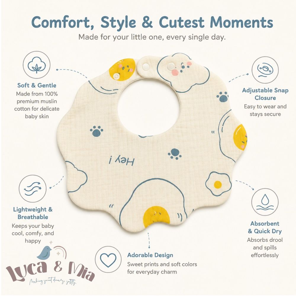 Luca & Mia - Hey Egg Muslin Baby Feeding Bib - Cream
