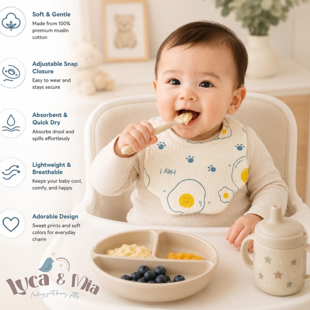 Luca & Mia - Hey Egg Muslin Baby Feeding Bib - Cream