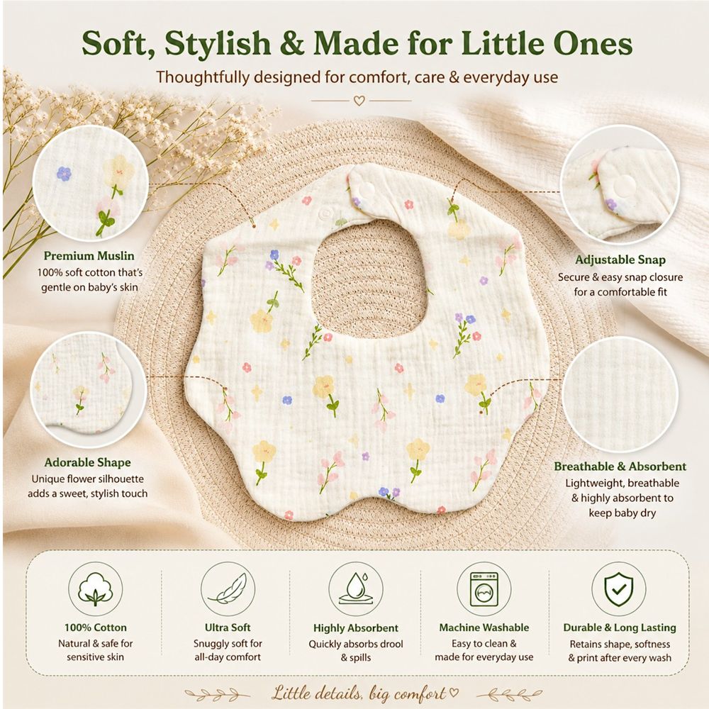 Luca & Mia - Bloom Petal Muslin Baby Feeding Bib - Cream
