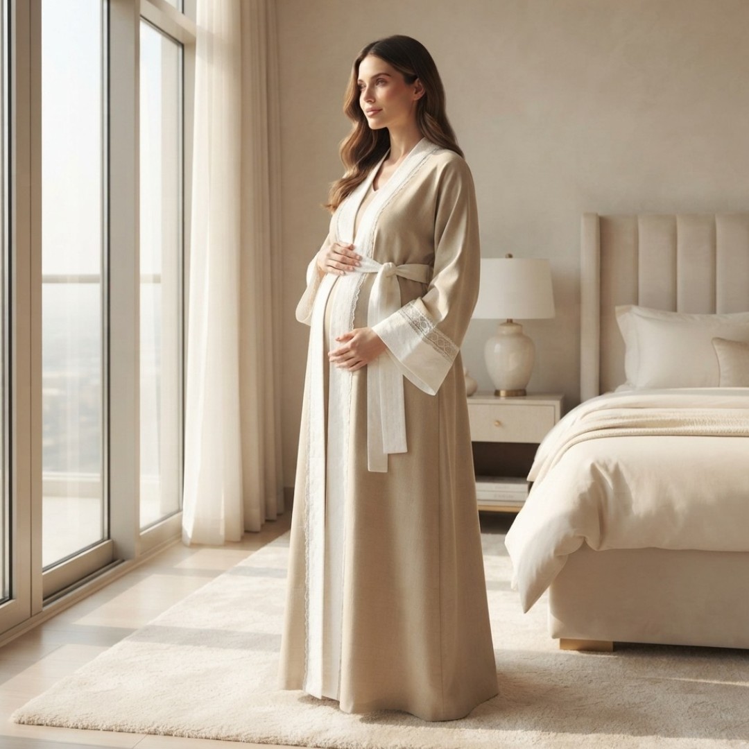Luca & Mia - Elegant Burnout Texture Maternity Abaya - Nude
