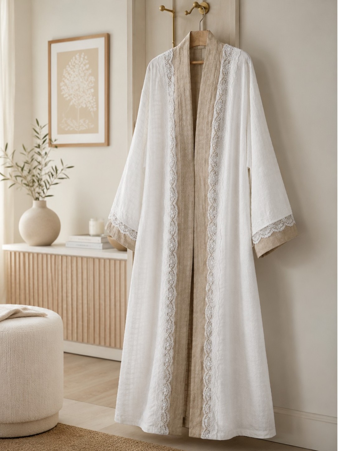 Luca & Mia - Elegant Burnout Maternity Abaya - White/Beige