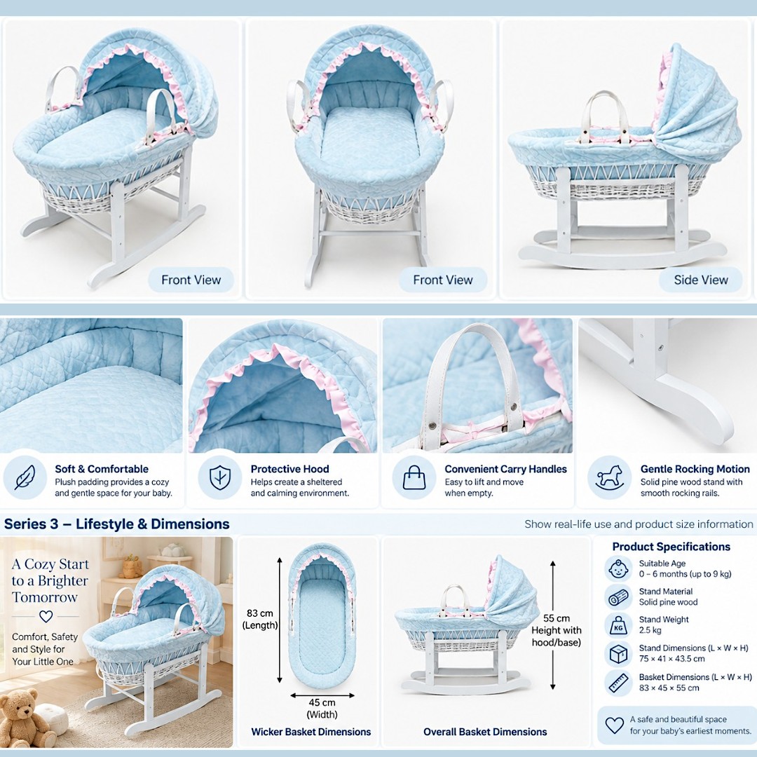 Luca & Mia - Tiny Haven Moses Basket With Rocking Stand - Blue