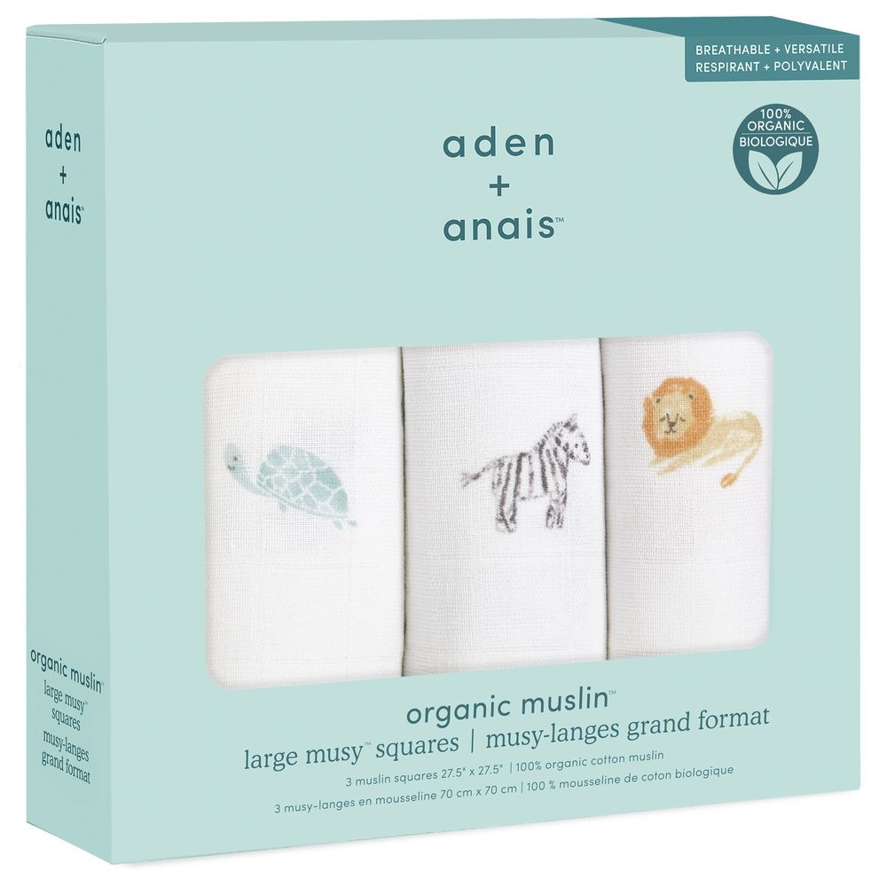 Aden + Anais - Organic Cotton Muslin Musy Squares - Animal Kingdom - 3 Pcs