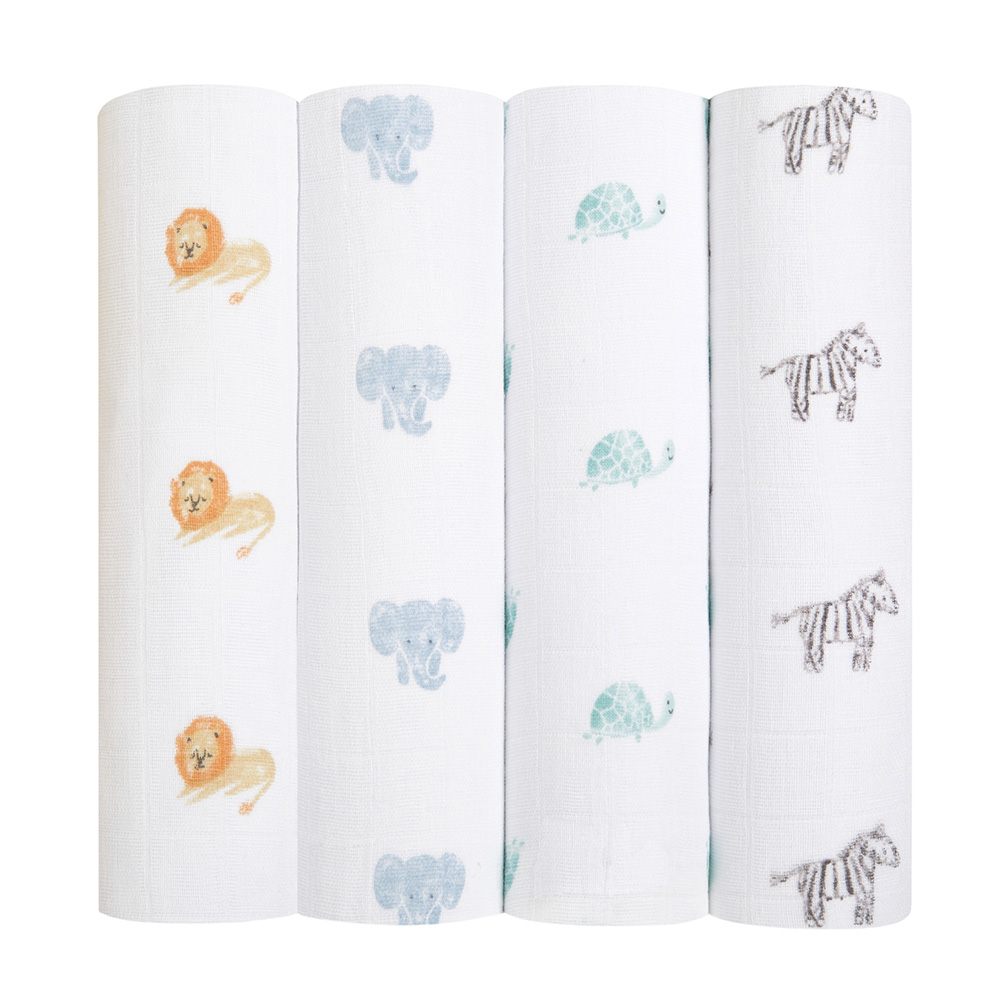 Aden + Anais - Organic Cotton Muslin Large Swaddles - Animal Kingdom - 4 Pcs