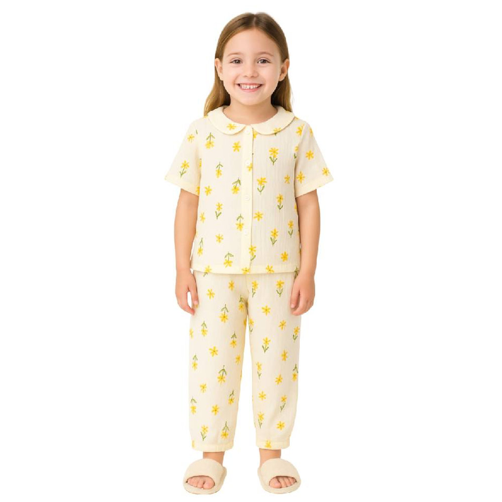 Victor and Jane Girl's Floral Printed Pyjama Top & Pants - Beige - 2 Pcs