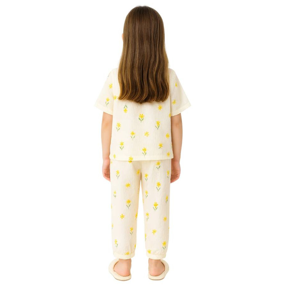Victor and Jane Girl's Floral Printed Pyjama Top & Pants - Beige - 2 Pcs