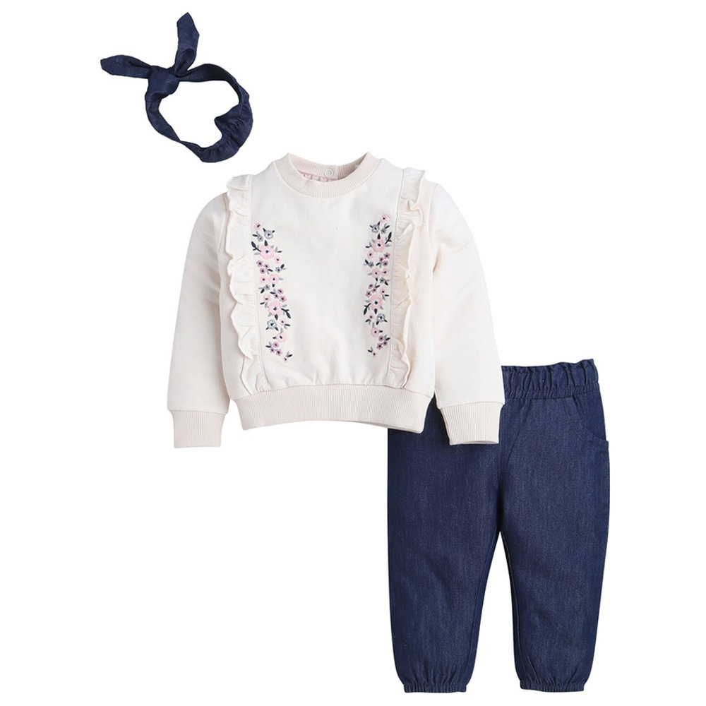 Dirkje - 3pc-Set - Girl's Ruffled Floral Sweatshirt, Joggers & Headband